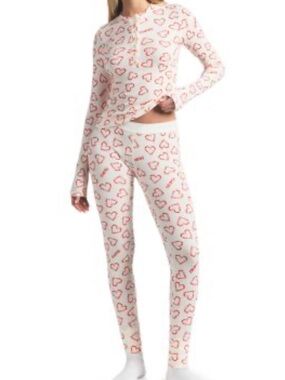 SKIMS Cream Long-Sleeve Heart Print Pajama Set with Red Hearts